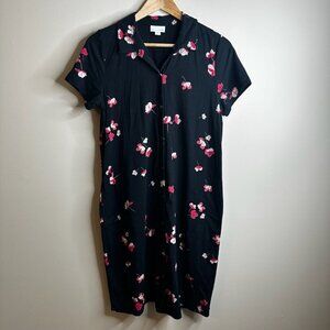 J Jill Dress Womens Size S Black Dark Floral Button Up Short Sleeve Pockets
